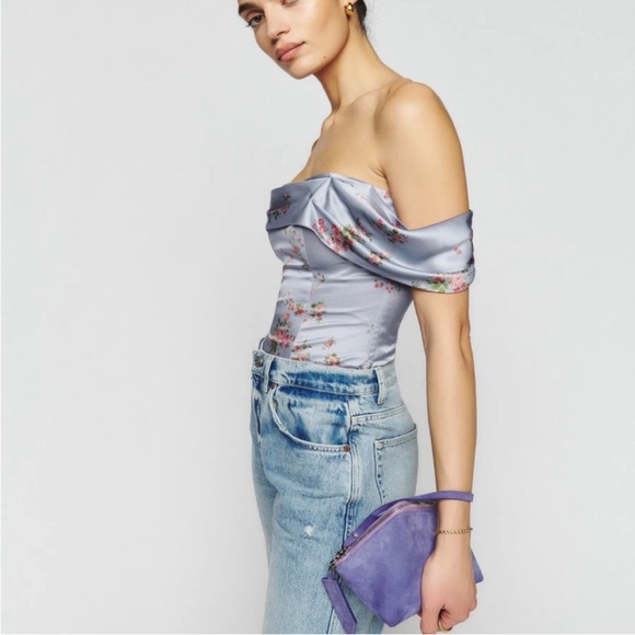 Reformation Tops - NWT Reformation Lux silk top Off the Shoulder silk corset top blue floral